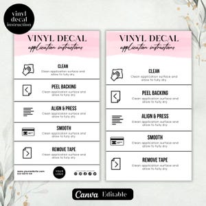 Może przedstawiać: Dwie różowe i białe karty z instrukcjami nakładania naklejek winylowych. Karty pokazują kroki z ikonami i tekstem: wyczyść, odklej podkład, wyrównaj i dociśnij, wygładź i usuń taśmę. Zawiera adres strony internetowej i ikony mediów społecznościowych.