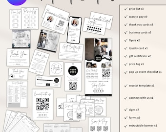 May include: A black and white printable pop-up shop bundle with a variety of templates, including price lists, thank you cards, business cards, flyers, loyalty cards, gift certificates, price tags, pop-up event checklists, receipt templates, connect with us cards, signs, forms, retractable banners, and one-page business plans.