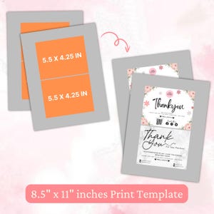 May include: Printable 8.5 x 11 inch template for creating thank you tags. The template includes two 5.5 x 4.25 inch tags with a floral design and the text "Thankyou" and "Thank You".