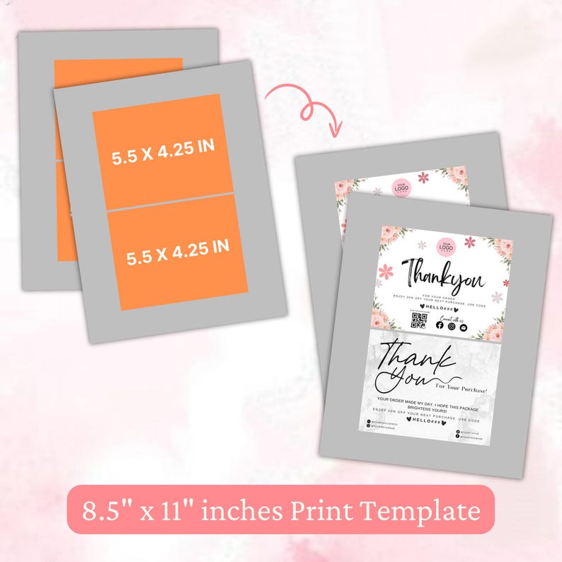 May include: Printable 8.5 x 11 inch template for creating thank you tags. The template includes two 5.5 x 4.25 inch tags with a floral design and the text "Thankyou" and "Thank You".