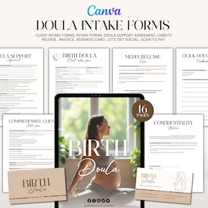 Puede incluir: Un conjunto de plantillas digitales de Canva para doulas, con formularios de admisión, acuerdos de apoyo y tarjetas de visita. El diseño incluye una foto de una persona embarazada y el texto "Birth Doula". El conjunto incluye 16 páginas.