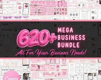 May include: A pink and white digital business bundle with over 620 templates. The image includes templates for price lists, gift certificates, invoices, and more. Text includes "MEGA BUSINESS BUNDLE" and "All For Your Business Needs!"
