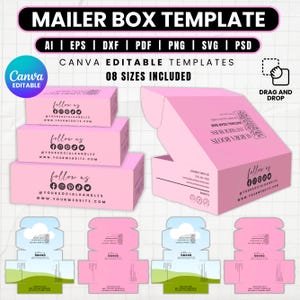 May include: Pink mailer box template with the text "MAILER BOX TEMPLATE" and "CANVA EDITABLE TEMPLATES". Includes various file formats and the text "follow us" with social media icons and website address. Features 8 sizes.