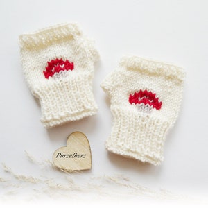 Baby, toddler-1 pair of fingerless gloves with thumb hole mushroom, wrist warmers, hand-knitted arm warmers, gift, birth, baptism, cream, unisex