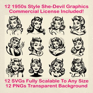1950s She Devil Graphics | PNG  SVG | Original and Unique | Commercial Use Allowed for Merchandise | 50s Comic Book Style | Retro Pin-Up Art