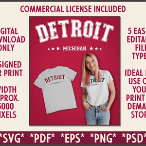 Premium Detroit Michigan College Style Graphics | DIGITAL DOWNLOAD | Commercial License Included for Print On Demand | Detroit POD Designs