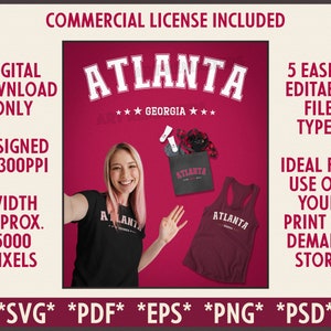 Premium City of Atlanta College Style Graphics | DIGITAL DOWNLOAD | Commercial License Included for Print On Demand | Atlanta POD Designs