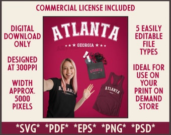 Premium City of Atlanta College Style Graphics | DIGITAL DOWNLOAD | Commercial License Included for Print On Demand | Atlanta POD Designs