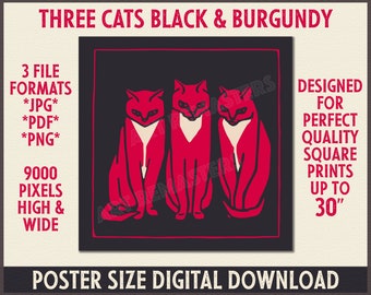 Three Cats Raisin Black and Burgundy | DIGITAL DOWNLOAD | de Graag Cats | Printable Wall Art for Cat Lovers | Printable Minimalist Wall Art