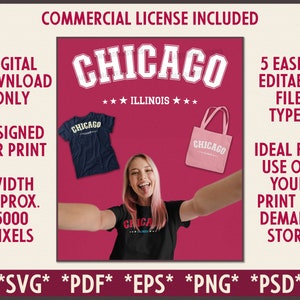 Premium Chicago Illinois College Style Graphics | DIGITAL DOWNLOAD | Commercial License Included for Print On Demand | Chicago POD Designs