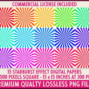15 Starburst Digital Paper Backgrounds | Printable Sunburst Scrapbook Papers | Rainbow Colors | DIGITAL DOWNLOAD | Commercial License