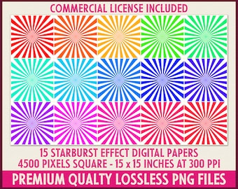 15 Starburst Digital Paper Backgrounds | Printable Sunburst Scrapbook Papers | Rainbow Colors | DIGITAL DOWNLOAD | Commercial License