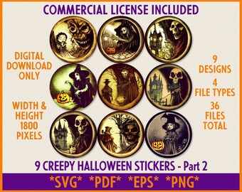 9 Creepy Halloween Stickers | *Digital Download* | Medieval Witches, Pumpkins and Ghouls | Pack 2 of 3 Downloadable Halloween Sticker Sets!