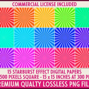 15 Starburst Digital Paper Backgrounds | Printable Sunburst Scrapbook Papers | Rainbow Colors | DIGITAL DOWNLOAD | Commercial License