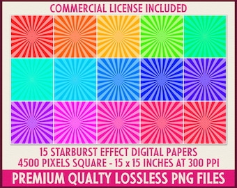 15 Starburst Digital Paper Backgrounds | Printable Sunburst Scrapbook Papers | Rainbow Colors | DIGITAL DOWNLOAD | Commercial License