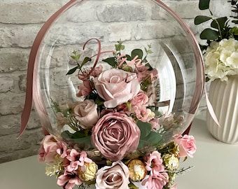 Personalised artificial silk flowers in a balloon bouquet with chocolates, special birthday, thank you gift, thinking of you, get well soon