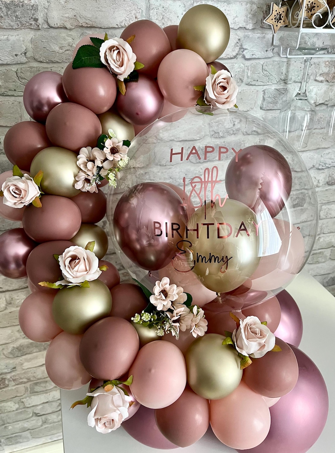 Personalised Birthday Balloon Bubble Hug Balloon Garland With Flowers ...
