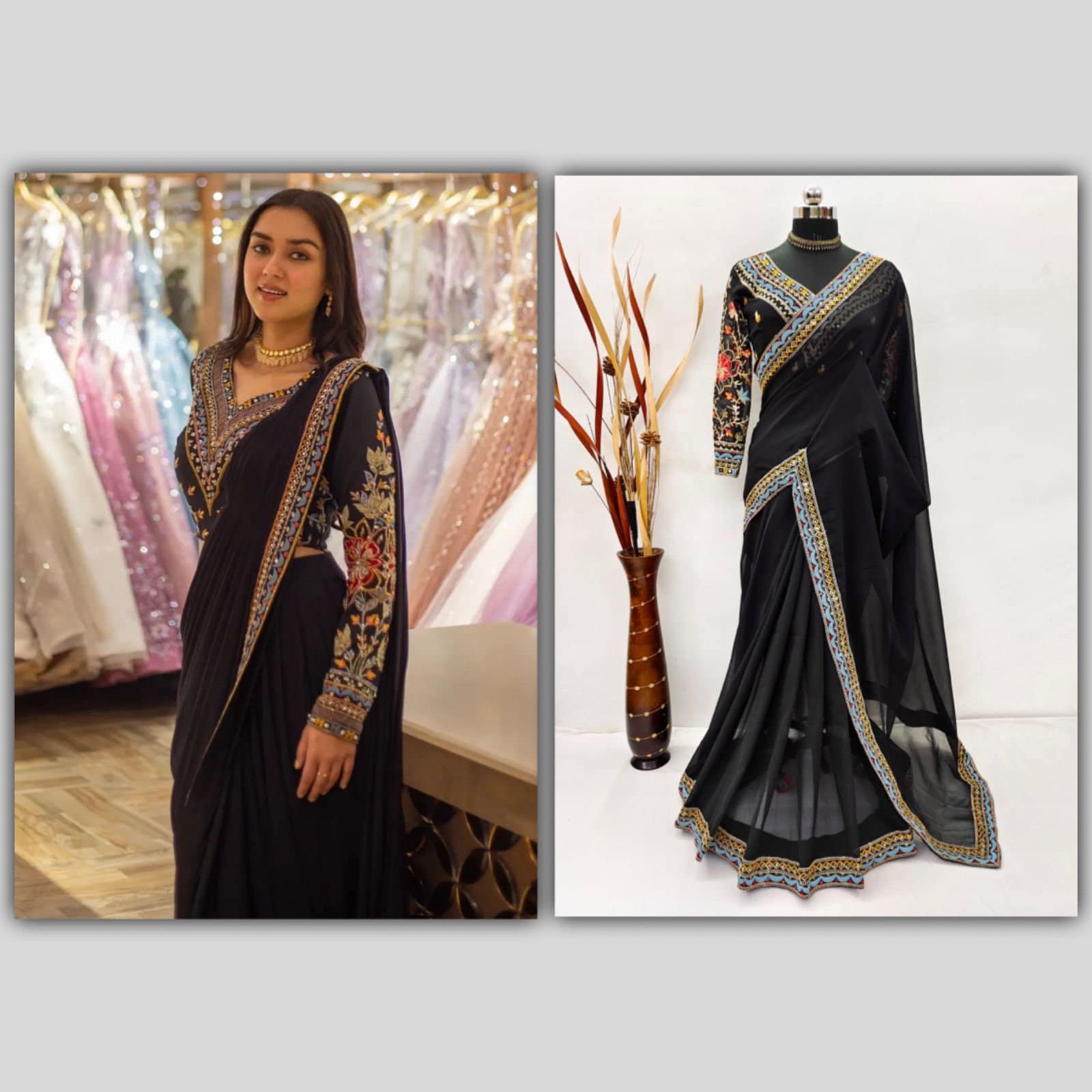 Sabyasachi plain black saree with belt  Black saree designs, Saree look,  Elegant saree