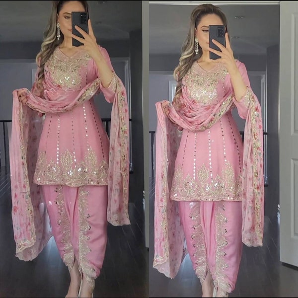 Pink Punjabi Dhoti Salwar Kameez With Heavy Embroidery Work For Women, Ready To Wear Stitched Salwar Suit, Indian Wedding Suits For Girl