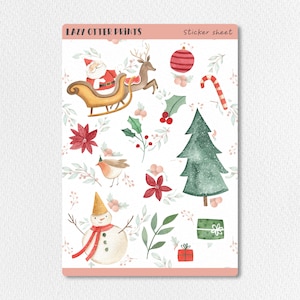 Handgeschilderde sticker van de kerstman, aquarel schattig kerststickervel, stickerpakket kerstviering, set kawaii sneeuwpop rendieren