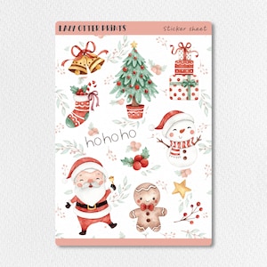Adesivo de Papai Noel pintado à mão, folha de adesivos de Natal fofos em aquarela, pacote de adesivos de celebração de Natal, conjunto de rena de boneco de neve Kawaii