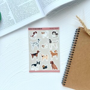 Adesivo de raças de cães kawaii pintado à mão, folha de adesivos de aquarela para vários cães, pacote de adesivos de aquarela fofos, conjunto de adesivos de qualidade brilhante