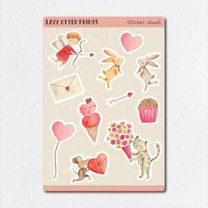Pegatinas de Cupido kawaii mate, hoja de pegatinas perladas para el día de San Valentín, paquete de pegatinas con bonitos corazones rosas, juego de pegatinas de amor pintadas a mano con acuarela