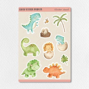 Pegatina de dinosaurio de dibujos animados de acuarela, hoja de pegatinas de animales lindos pintada a mano brillante, paquete de pegatinas de T-Rex de calidad, juego de pegatinas de raptor colorido