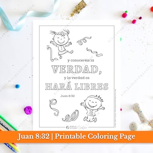 Juan 8:32 / Página para colorear imprimible con versículo bíblico en español para niños / Escritura de la escuela dominical RV 1960 / Descarga digital en PDF para imprimir