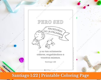 Santiago 1:22 | Spaanse Bijbelvers afdrukbare kleurplaat voor kinderen | RV 1960 zondagsschoolschrift | PDF digitale download afdrukbaar