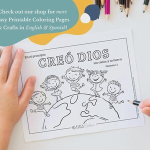 May include: A black and white coloring page with the text "CRE&Oacute; DIOS" and "G&eacute;nesis 1:1". The page features cartoon children around a globe. The text "Check out our shop for more Easy Printable Coloring Pages & Crafts in English & Spanish!" is also visible.