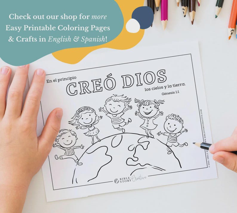 May include: A black and white coloring page with the text "CRE&Oacute; DIOS" and "G&eacute;nesis 1:1". The page features cartoon children around a globe. The text "Check out our shop for more Easy Printable Coloring Pages & Crafts in English & Spanish!" is also visible.