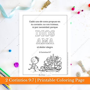 2 Coríntios 9:7 | Versículo da Bíblia em Espanhol para Imprimir Página para Colorir para Crianças | Escritura da Escola Dominical RV 1960 | Download Digital em PDF para Imprimir