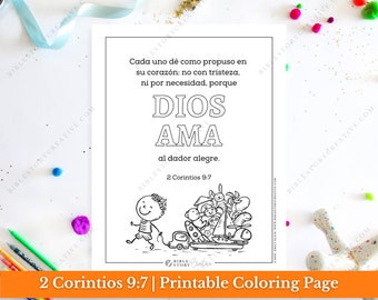 2 Corintios 9:7 | Spanish Bible Verse Printable Coloring Page for Kids | RV 1960 Sunday School Scripture | PDF Digital Download Printable
