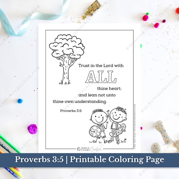 Proverbs 3:5 | Bible Verse Printable Coloring Page for Kids | KJV Sunday School Scripture | PDF Digital Download Printable