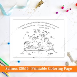 Salmos 139:14 / Página para colorear imprimible con versículo bíblico en español para niños / Escritura de la escuela dominical RV 1960 / Descarga digital en PDF para imprimir