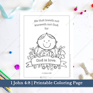 1 John 4:8 | Bible Verse Printable Coloring Page for Kids | KJV Sunday School Scripture | PDF Digital Download Printable