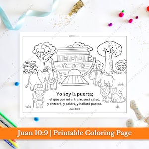 May include: Black and white coloring page featuring a cartoon ark with animals entering. The text "Yo soy la puerta; el que por mi entrare, sera salvo; y entrara, y saldra, y hallara pastos. Juan 10:9" is below the ark.
