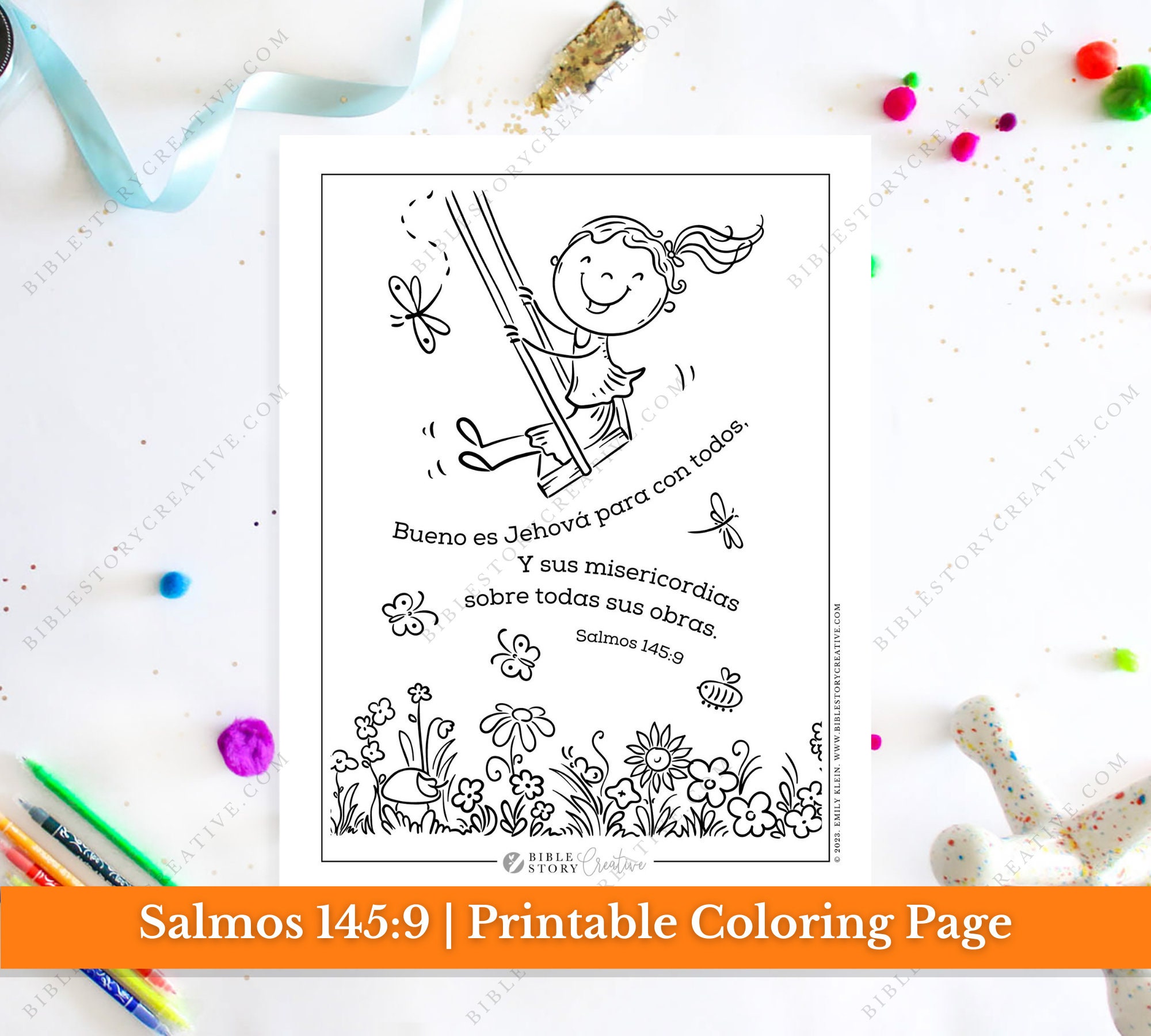 Salmos 145:9 | Spanish Bible Verse Printable Coloring Page for Kids | RV 1960 Sunday School Scripture | PDF Digital Download Printable