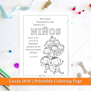 Lucas 18:16 / Página para colorear imprimible con versículo bíblico en español para niños / Escritura de la escuela dominical RV 1960 / Descarga digital en PDF para imprimir