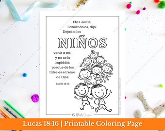 Könnte beinhalten: Eine Schwarzweiß-Malvorlage mit einer Gruppe von Kindern und dem Text "Dejad a los NIÑOS venir a mi, y no se lo impidáis: porque de los tales es el reino de Dios. Lucas 18:16".