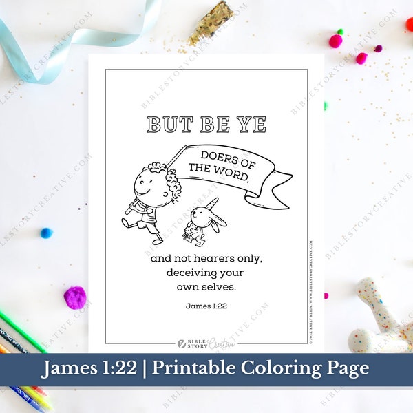 Jacques 1:22 | Page de coloriage imprimable verset de la Bible pour les enfants | Écriture de l'école du dimanche KJV | PDF Téléchargement numérique Imprimable