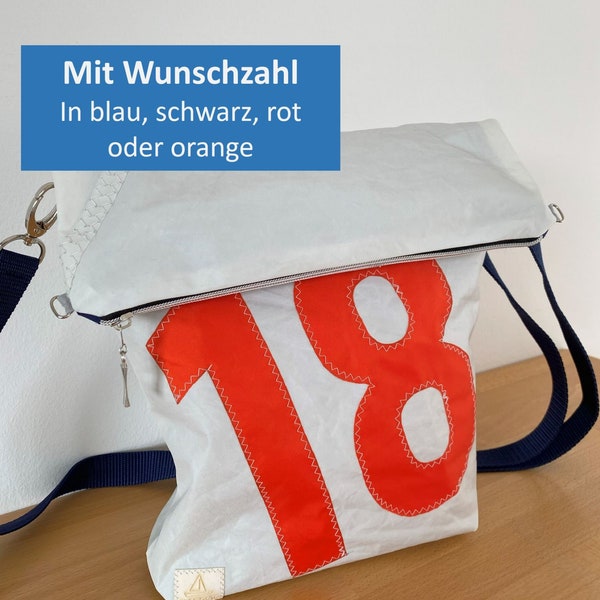 Personalisierte Umhängetasche mit Wunschzahl in Wunschfarbe aus recyceltem Segel, upcycling fold-over