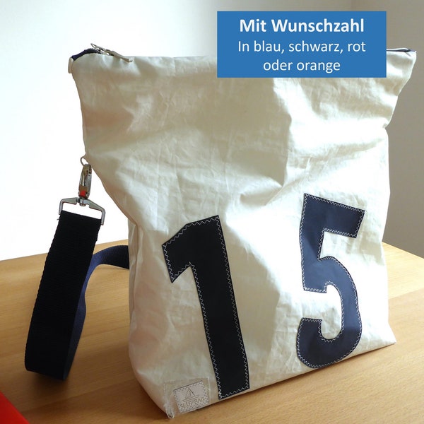 Personalisierte Umhängetasche aus recyceltem Segel mit Wunschzahl in Wunschfarbe, upcycling fold-over