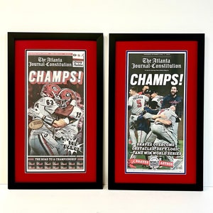 2* 2022 UGA Bulldogs and 2021 Atlanta Braves Framed Championship & World Series REAL AJC Newspapers 17x28