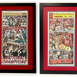 2022 & 2023 UGA Georgia Bulldogs CFP National Championship Framed Real AJC Cartoon Comic Special Edition Newspapers 17x28