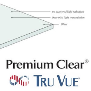May include: A sheet of clear glass labeled Premium Clear Tru Vue. The diagram indicates 8% scattered light reflection and over 90% light transmission. The text includes the brand name Premium Clear and the Tru Vue logo with a red and blue infinity symbol.