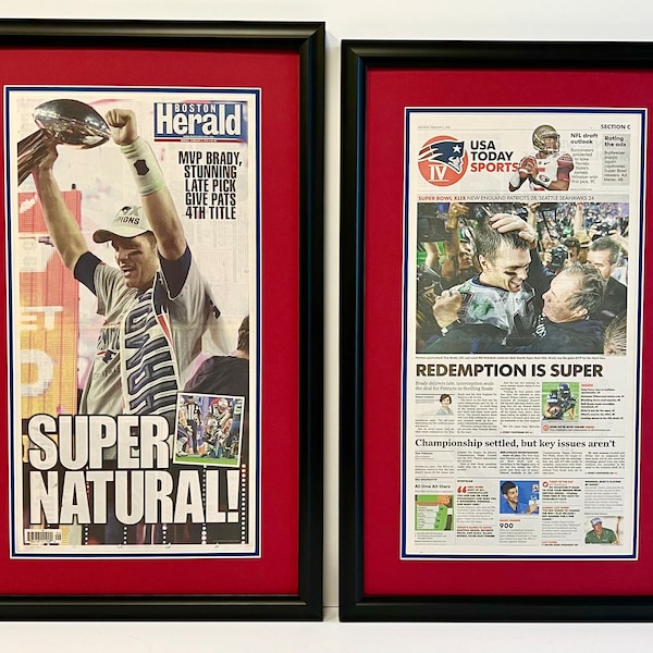 2* 2014-2015 New England Patriots Tom Brady Super Bowl Championship Framed REAL Boston Herald Newspapers