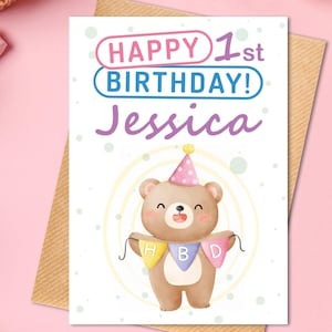 Carte d'anniversaire personnalisée pour fille avec ours et lettres HBD, carte de voeux modifiable, carte numérique imprimable pour bébés, modèle d'enveloppe gratuit