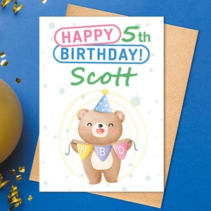 Carte d'anniversaire personnalisée avec ours contenant des lettres HBD, carte d'anniversaire numérique imprimable, modèle d'enveloppe gratuit, carte de voeux d'anniversaire